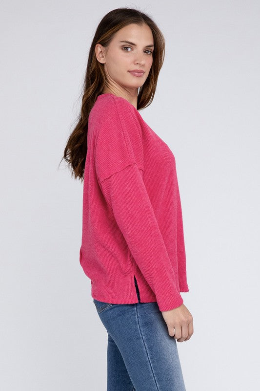 Ribbed Brushed Melange Hacci Sweater with a Pocket-Charmful Clothing Boutique