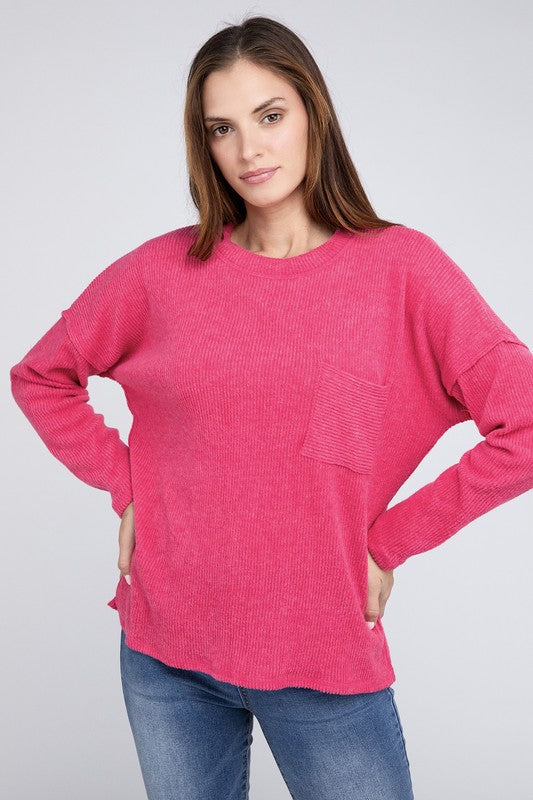 Ribbed Brushed Melange Hacci Sweater with a Pocket-Charmful Clothing Boutique