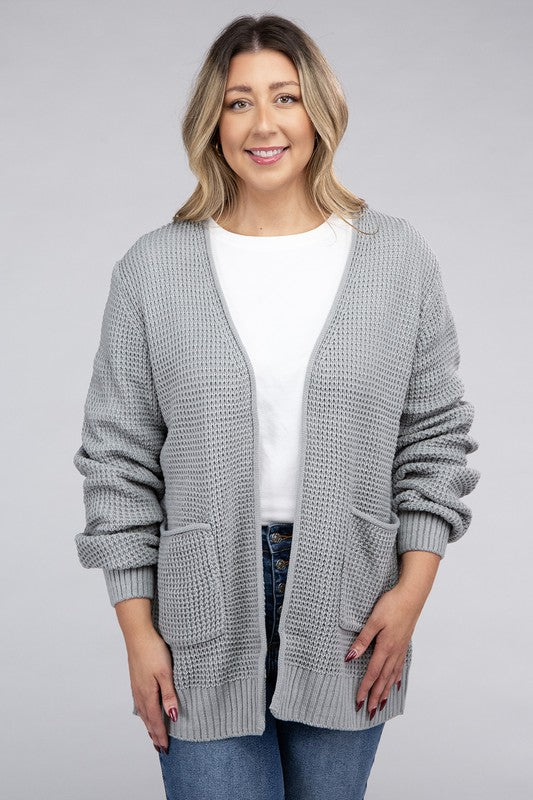 Plus Low Gauge Waffle Open Cardigan Sweater-Charmful Clothing Boutique