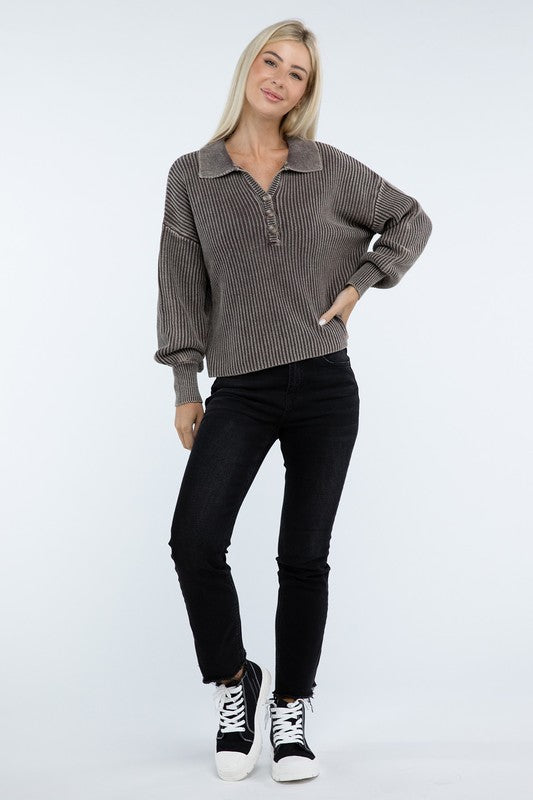 Washed Collared Henley Sweater-Charmful Clothing Boutique