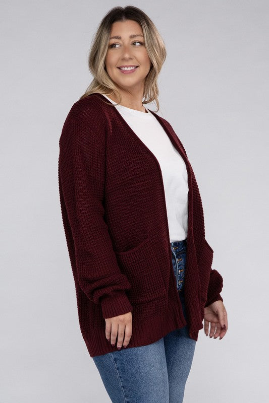 Plus Low Gauge Waffle Open Cardigan Sweater-Charmful Clothing Boutique