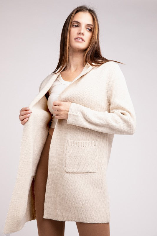Hooded Open Front Sweater Cardigan-Charmful Clothing Boutique