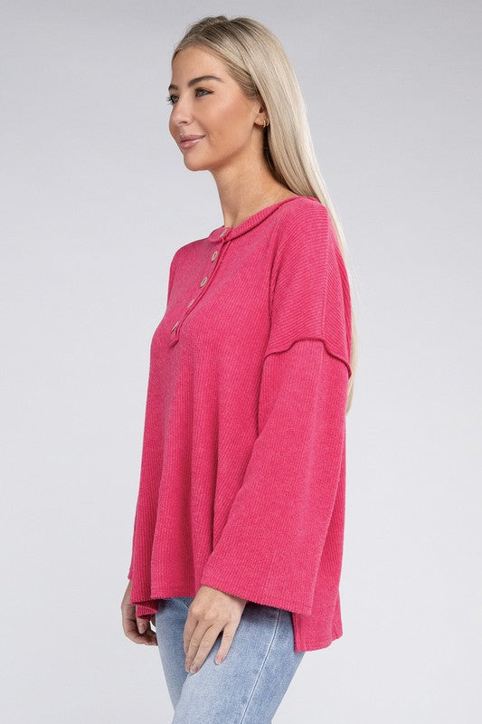 Ribbed Brushed Melange Hacci Henley Sweater-Charmful Clothing Boutique