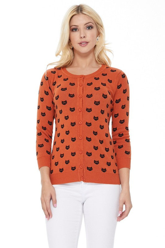 Round Neck Cat Patterned Cardigan Sweater-Charmful Clothing Boutique