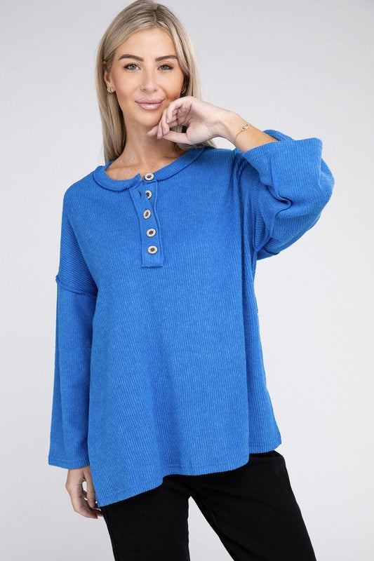 Ribbed Brushed Melange Hacci Henley Sweater-Charmful Clothing Boutique