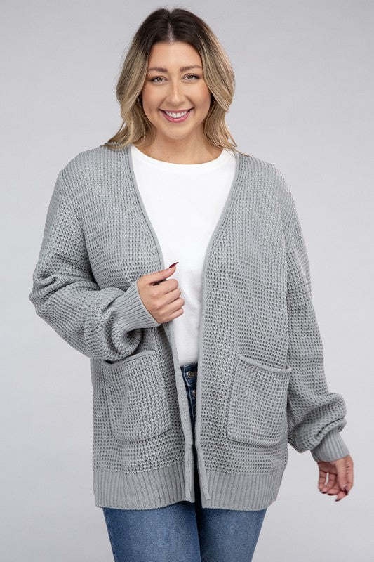 Plus Low Gauge Waffle Open Cardigan Sweater-Charmful Clothing Boutique