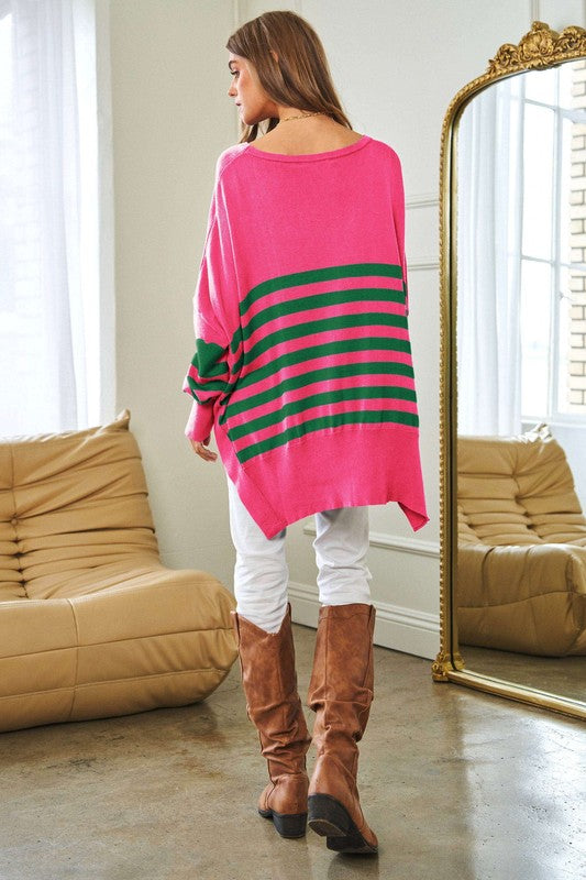 Multi Striped Elbow Patch Loose Fit Sweater Top-Charmful Clothing Boutique