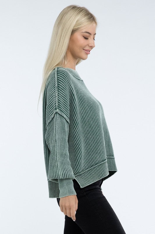 Washed Side Slit Oversized Cropped Sweater-Charmful Clothing Boutique