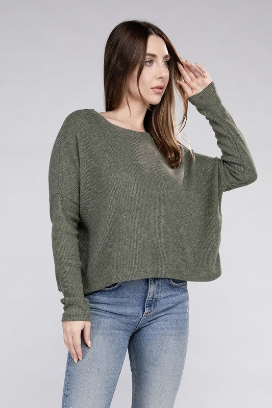 Ribbed Dolman Long Sleeve Sweater-Charmful Clothing Boutique