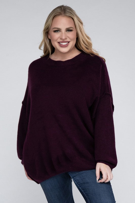 Plus Oversized Round Neck Raw Seam Melange Sweater-Charmful Clothing Boutique