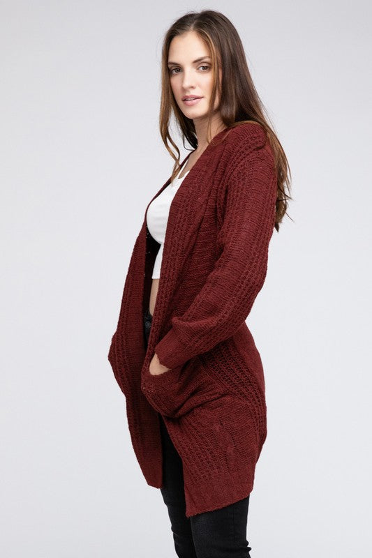 Twist Knitted Open Front Cardigan With Pockets-Charmful Clothing Boutique