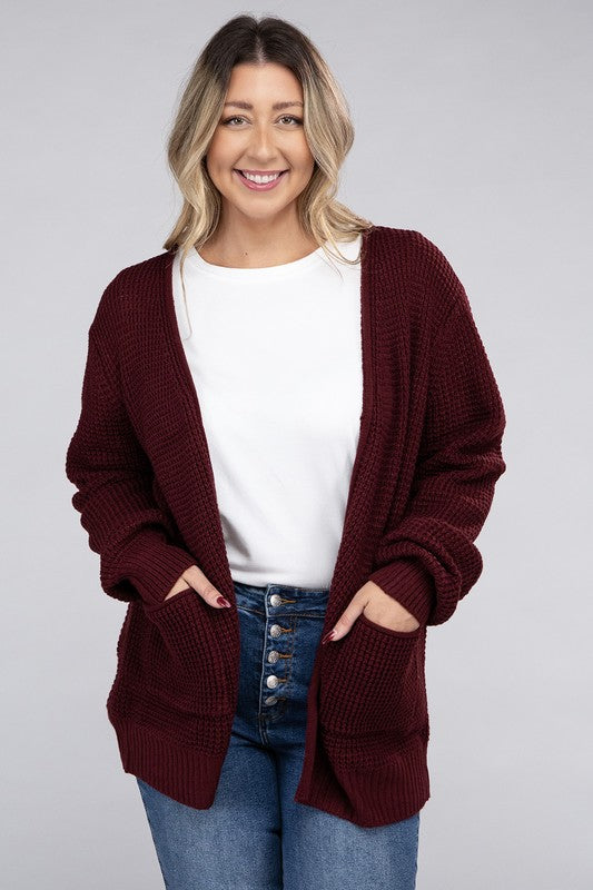 Plus Low Gauge Waffle Open Cardigan Sweater-Charmful Clothing Boutique