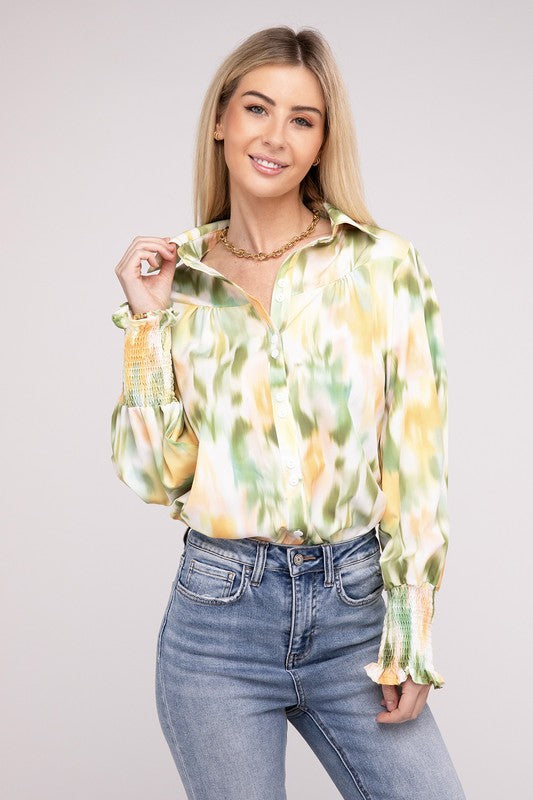 Allover Printed Long Sleeve Blouse-Charmful Clothing Boutique