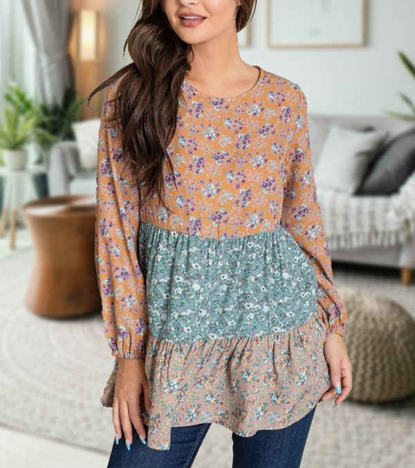 Woven Ditsy Floral Tiered Tunic-Charmful Clothing Boutique