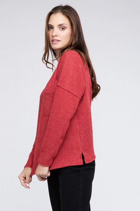 Ribbed Brushed Melange Hacci Sweater with a Pocket-Charmful Clothing Boutique