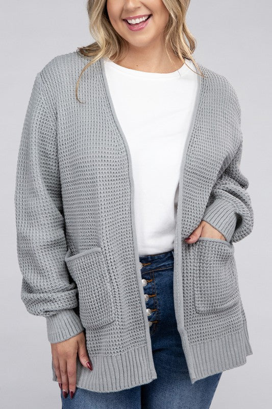 Plus Low Gauge Waffle Open Cardigan Sweater-Charmful Clothing Boutique