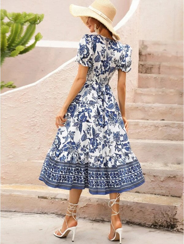 Women Short Sleeve V Neck Floral Maxi Dress-Charmful Clothing Boutique