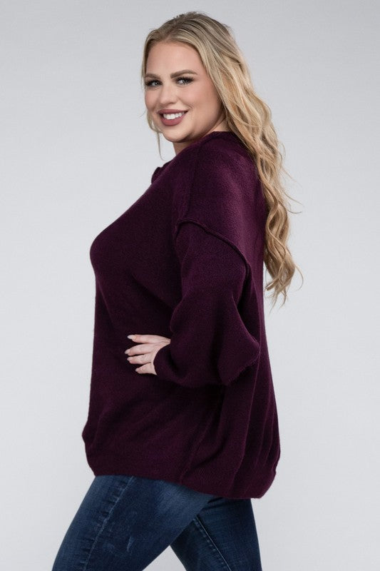 Plus Oversized Round Neck Raw Seam Melange Sweater-Charmful Clothing Boutique