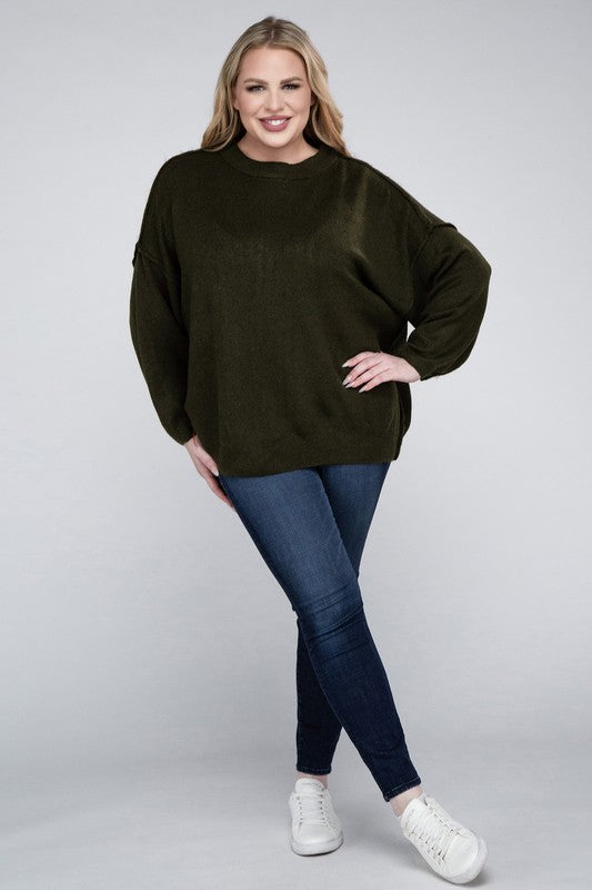 Plus Oversized Round Neck Raw Seam Melange Sweater-Charmful Clothing Boutique