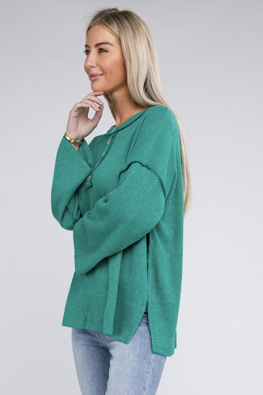 Ribbed Brushed Melange Hacci Henley Sweater-Charmful Clothing Boutique