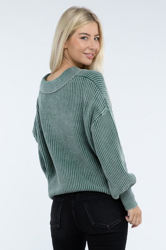 Washed Collared Henley Sweater-Charmful Clothing Boutique