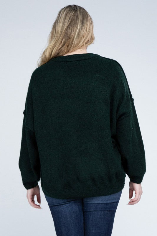 Plus Oversized Round Neck Raw Seam Melange Sweater-Charmful Clothing Boutique