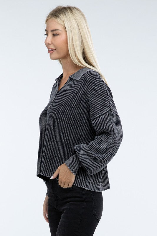 Washed Collared Henley Sweater-Charmful Clothing Boutique