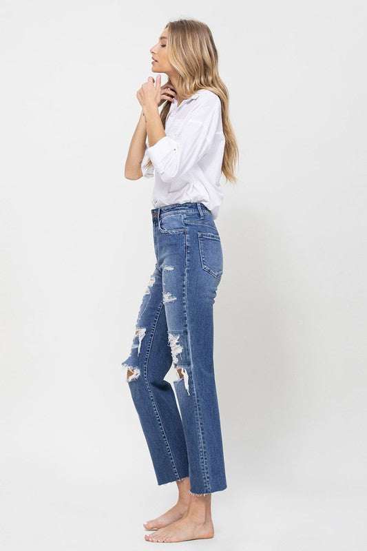Distressed High Rise Ankle Relaxed Straight Jeans-Charmful Clothing Boutique