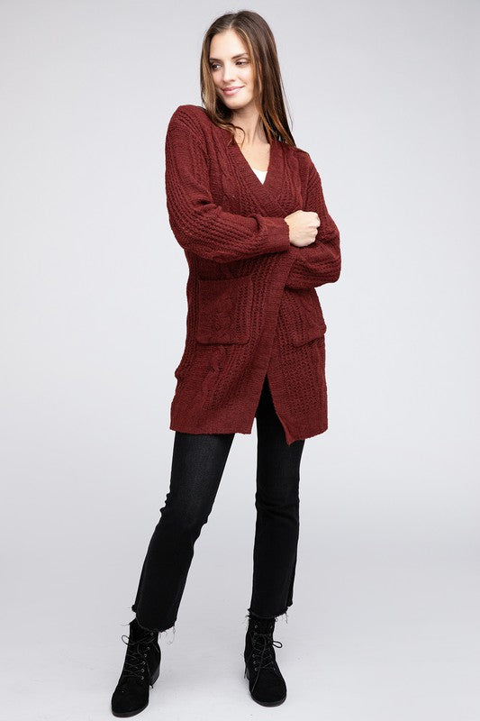 Twist Knitted Open Front Cardigan With Pockets-Charmful Clothing Boutique