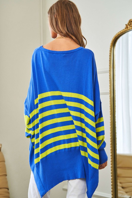 Multi Striped Elbow Patch Loose Fit Sweater Top-Charmful Clothing Boutique