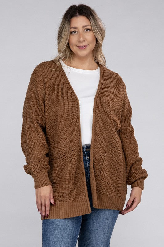 Plus Low Gauge Waffle Open Cardigan Sweater-Charmful Clothing Boutique