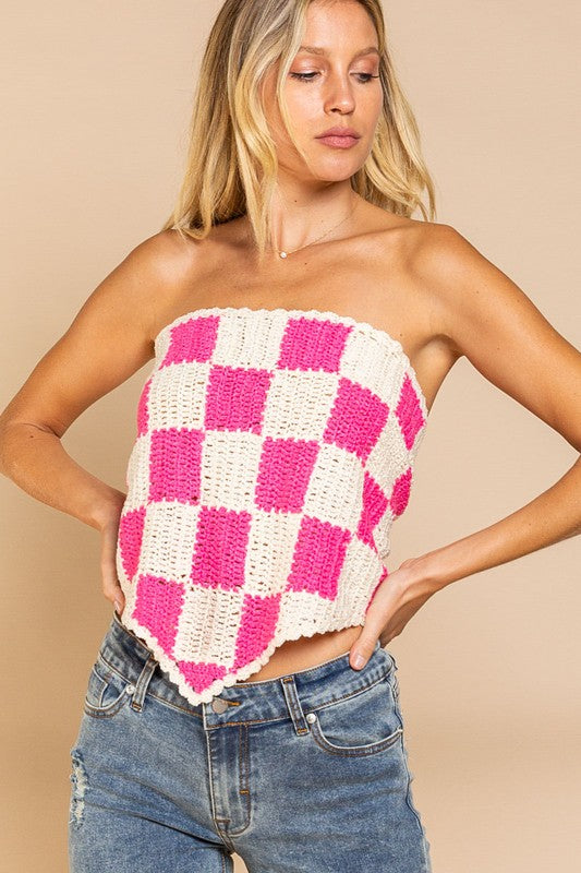 Checkerboard Pattern Tube Top Sweater-Charmful Clothing Boutique