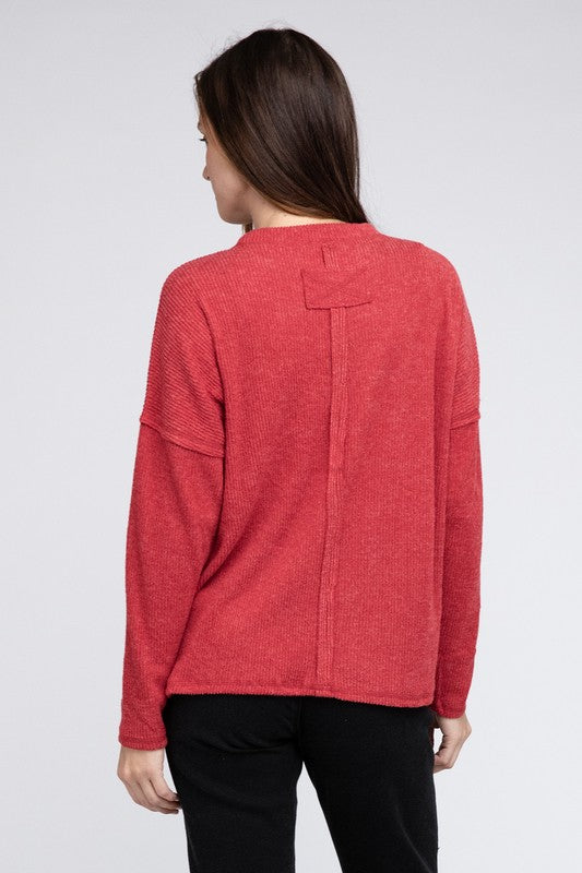 Ribbed Brushed Melange Hacci Sweater with a Pocket-Charmful Clothing Boutique