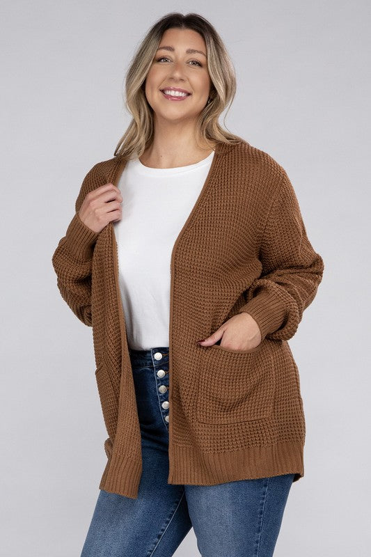 Plus Low Gauge Waffle Open Cardigan Sweater-Charmful Clothing Boutique