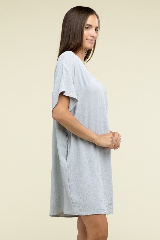 Woven Airflow V Neck T-Shirt Dress with Pockets-Charmful Clothing Boutique