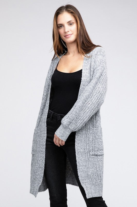 Twist Knitted Open Front Cardigan With Pockets-Charmful Clothing Boutique