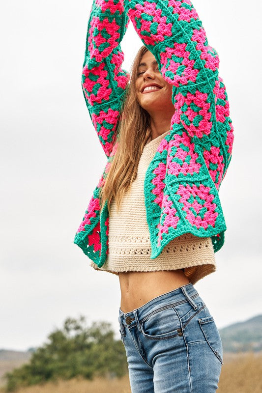 Two-Tone Floral Square Crochet Open Knit Cardigan-Charmful Clothing Boutique