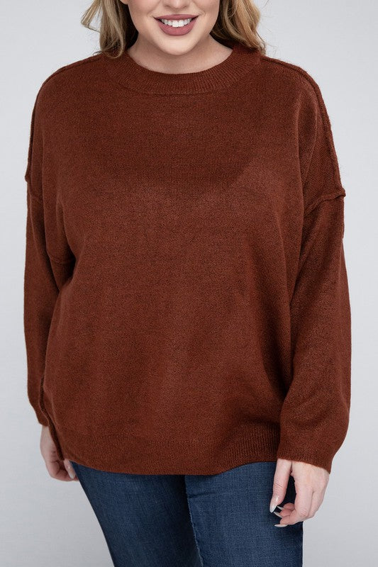 Plus Oversized Round Neck Raw Seam Melange Sweater-Charmful Clothing Boutique