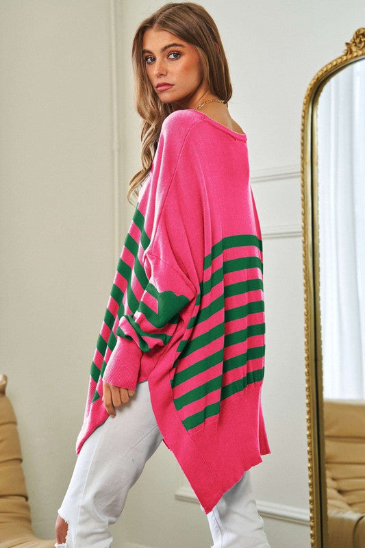 Multi Striped Elbow Patch Loose Fit Sweater Top-Charmful Clothing Boutique