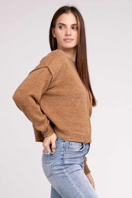 Brushed Melange Hacci Hi-Low Hem Sweater-Charmful Clothing Boutique