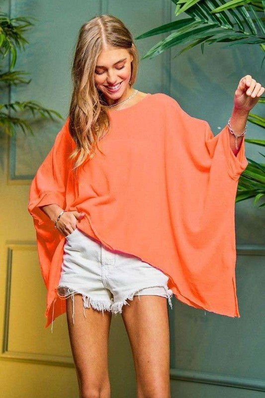 Solid Round Neck Loose Fit Kimono Sleeve Sweater-Charmful Clothing Boutique