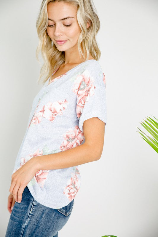 PLUS TRIBLEND FLORAL V NECK TOP-Charmful Clothing Boutique