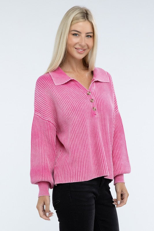 Washed Collared Henley Sweater-Charmful Clothing Boutique