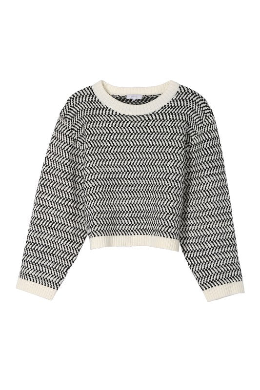 Herringbone pattern crew neck sweater-Charmful Clothing Boutique