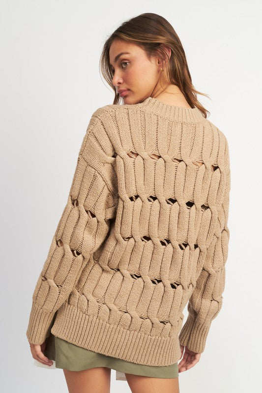 OPEN KNIT SWEATER WITH SLITS-Charmful Clothing Boutique