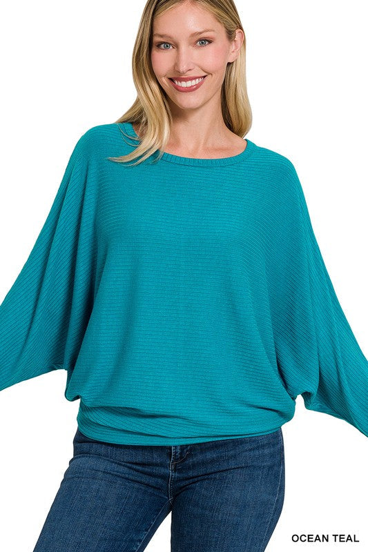 RIBBED BATWING LONG SLEEVE BOAT NECK SWEATER-Charmful Clothing Boutique