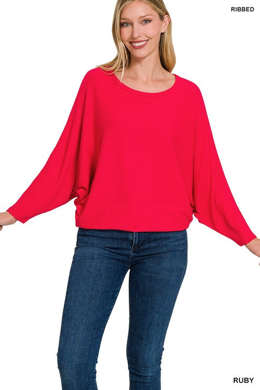 RIBBED BATWING LONG SLEEVE BOAT NECK SWEATER-Charmful Clothing Boutique