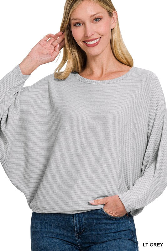 RIBBED BATWING LONG SLEEVE BOAT NECK SWEATER-Charmful Clothing Boutique