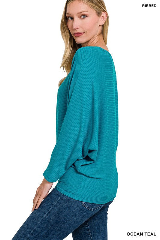 RIBBED BATWING LONG SLEEVE BOAT NECK SWEATER-Charmful Clothing Boutique