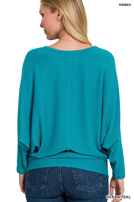 RIBBED BATWING LONG SLEEVE BOAT NECK SWEATER-Charmful Clothing Boutique